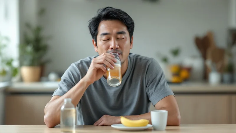 朝のキッチンテーブルでスポーツドリンクを飲んで回復中の40代日本人男性、隣にバナナとお湯のカップが置かれている