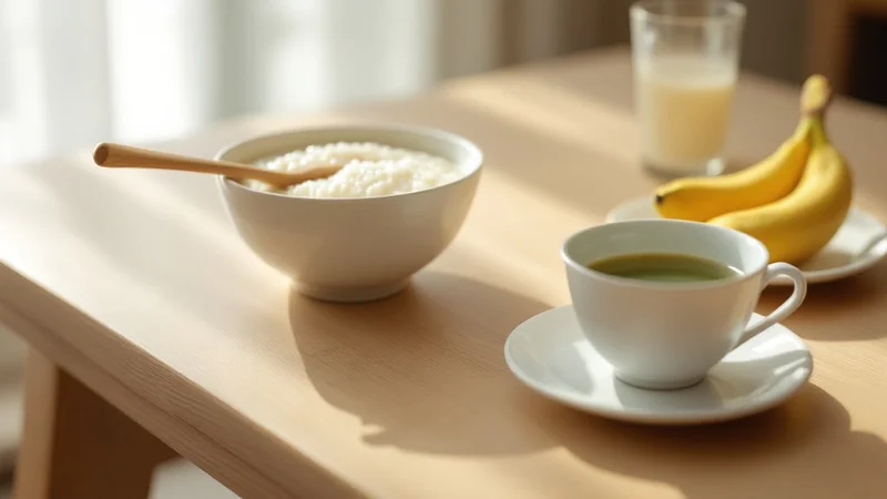 木製テーブルに並んだ二日酔い回復食──白い茶碗のおかゆ・バナナ・経口補水液のグラス・湯気の立つ緑茶のカップ