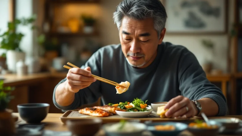 野菜・豆腐・焼き魚が並んだ定食を食べている40代日本人男性