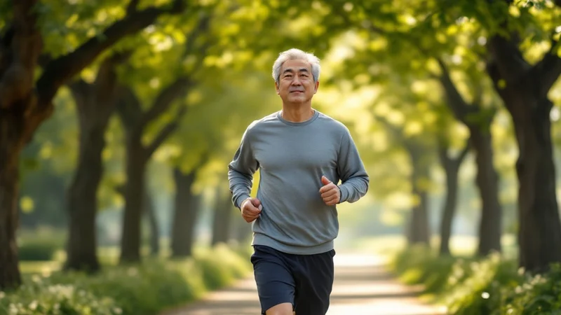 公園の木々の間をウォーキングしている40代日本人男性