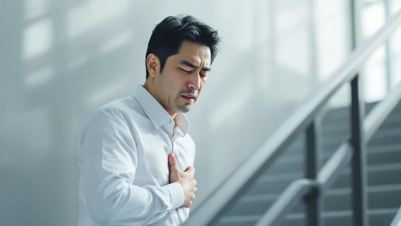 オフィスの階段を上がる途中で手すりをつかみながら胸に手を当てて一息つく40代後半の日本人男性。白いシャツ姿で息切れした表情