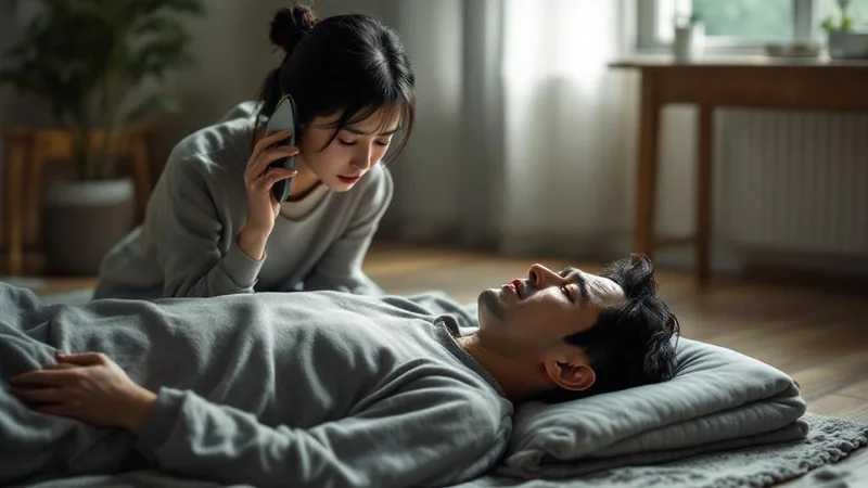リビングの床で毛布をかけて仰向けに横たわる40代の日本人男性と、そばでスマートフォンで救急要請の電話をかける心配そうな表情の妻