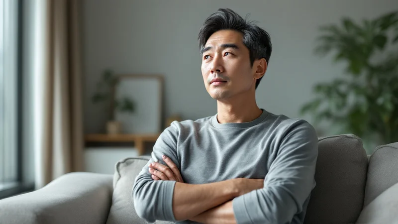 自宅のソファに腕を組んで座り、これからどうするかを考えている40代後半の日本人男性