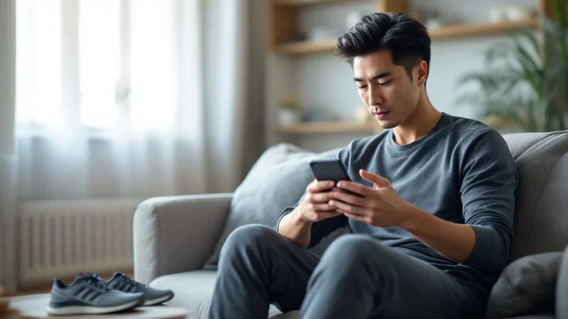 ソファに座ってスマホでフィットネスアプリを確認しながら運動計画を考える40代男性