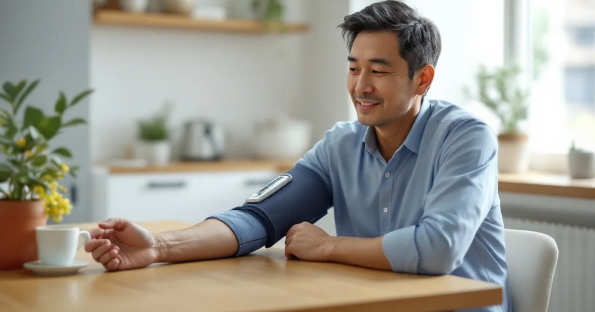自宅のリビングで上腕式血圧計を使って正しい姿勢で血圧を測る40代男性