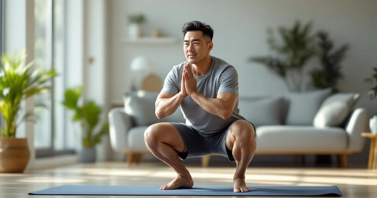 自宅のリビングのヨガマットの上で穏やかな表情でスクワットを始めようとしている40代男性