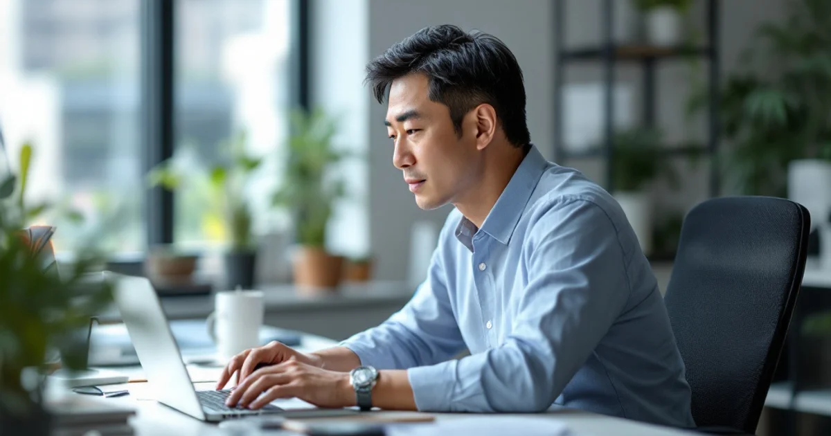オフィスのデスクで、背中が丸まり頭が画面へ前に出た姿勢で作業している50代の男性を横から見た様子