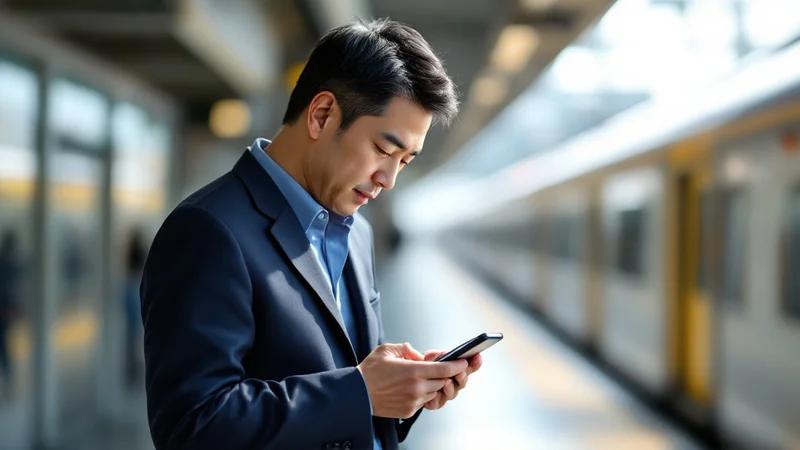 駅のホームで、頭を深く下げてスマートフォンを見ている50代の男性を横から見た様子