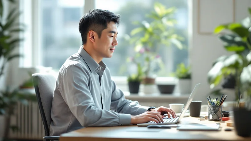 明るい自宅のデスクで、背すじを伸ばした姿勢で作業している40代の男性を横から見た様子