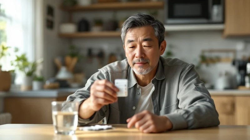 40代日本人男性がキッチンテーブルで降圧剤のブリスターパックのラベルを確認している場面