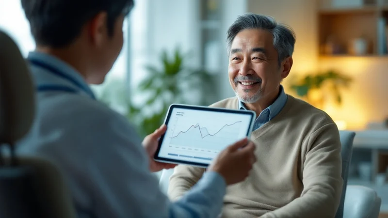 診察室で医師がタブレット画面の血圧推移グラフを見せながら40代日本人男性患者と話している様子