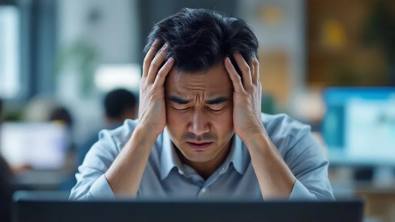 オフィスの机に座り後頭部を押さえて疲労した表情をしている40代日本人男性の写真