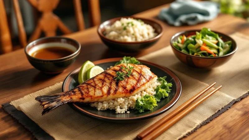 木製テーブルに並んだ減塩和食の健康的な食事（焼き魚・みそ汁・玄米・豆腐サラダ・蒸し野菜）の写真