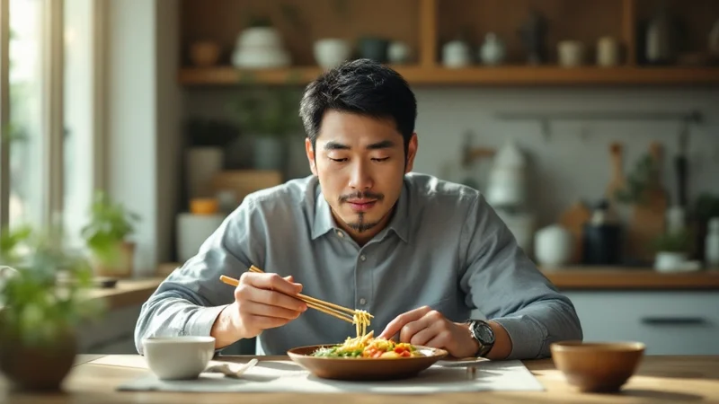 明るいキッチンで、箸を置きながらゆっくり食事をとる40代の男性