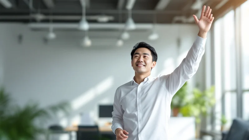 明るいオフィスで立ち上がり、体を伸ばして気分を切り替える40代の男性