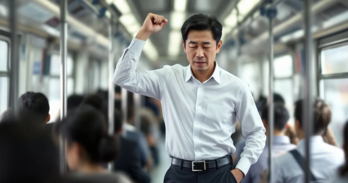 通勤中の満員電車でつり革につかまり、腹部の不快感を我慢する40代の男性