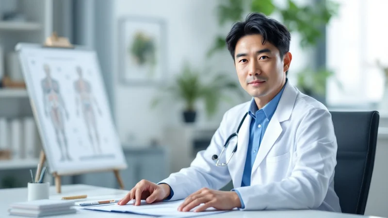 診察室で人体図を前に、落ち着いた表情で説明する医師