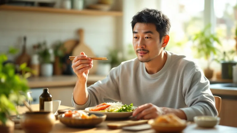 朝の食卓で、ごはんと焼き魚の和朝食をゆっくりとる40代の男性