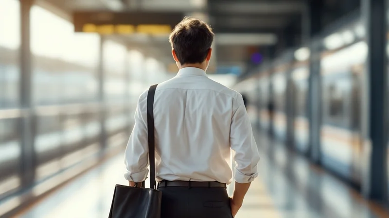 朝の駅のホームを落ち着いた足取りで歩くビジネスマンの後ろ姿