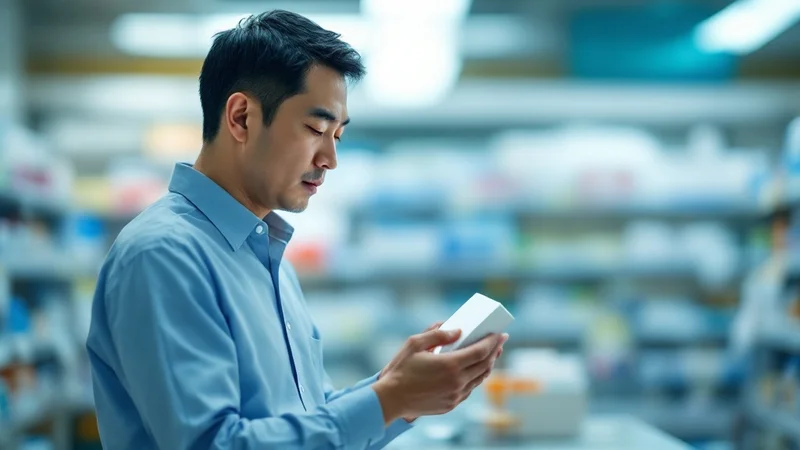 薬局のカウンターで、胃腸薬の箱の裏の注意書きを確認している40代の男性