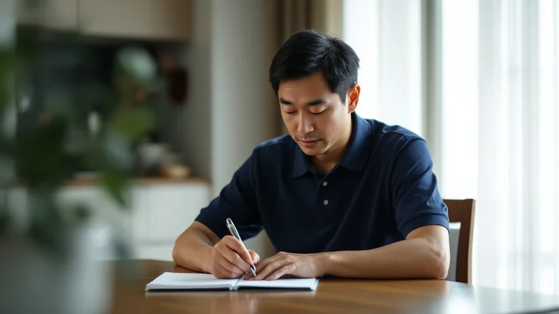 自宅のダイニングテーブルでペンを持ち、手帳に体調の記録を書き込んでいる40代の男性