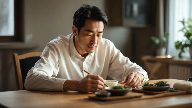 ダイニングテーブルで和朝食をとる40代後半の日本人男性。汁物と副菜が並ぶ朝の食卓