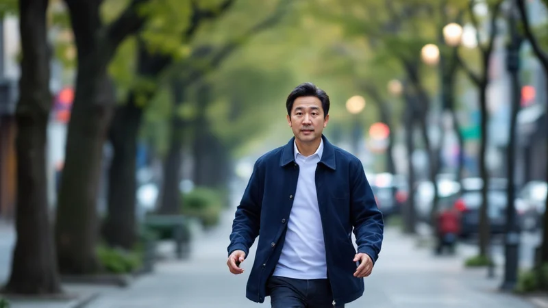 平日の朝、街路樹のある歩道を大股で歩く40代後半の日本人男性