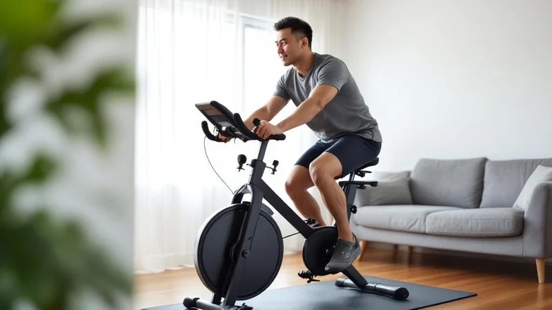 マンションのリビングで防音マットの上に置かれたエアロバイクを漕ぐ40代男性