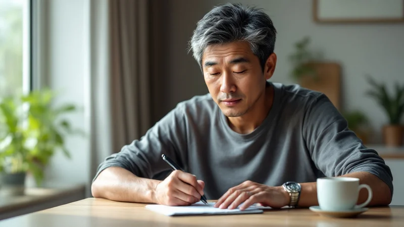 朝、ダイニングテーブルでメモ用紙に睡眠の記録を書いている40代後半の男性