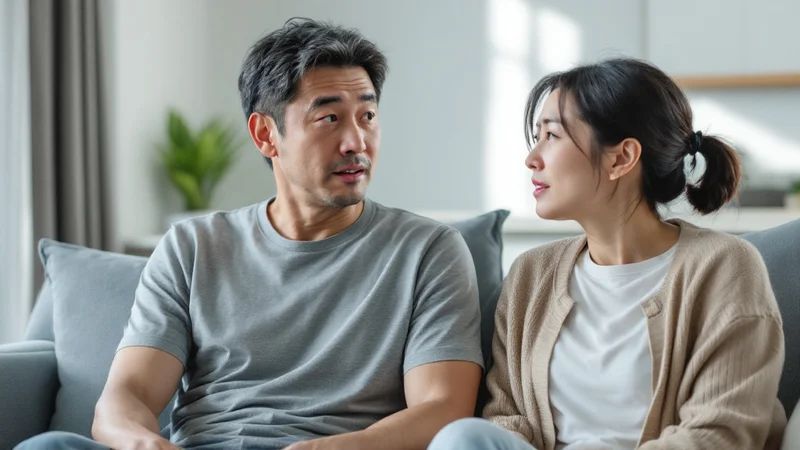 リビングのソファで、パートナーから何かを指摘されて驚いた表情を見せる40代後半の男性