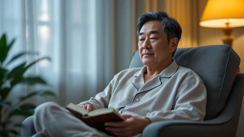就寝前、リビングの椅子で本を手に持ち、眠気が来るのを待っている50代の男性