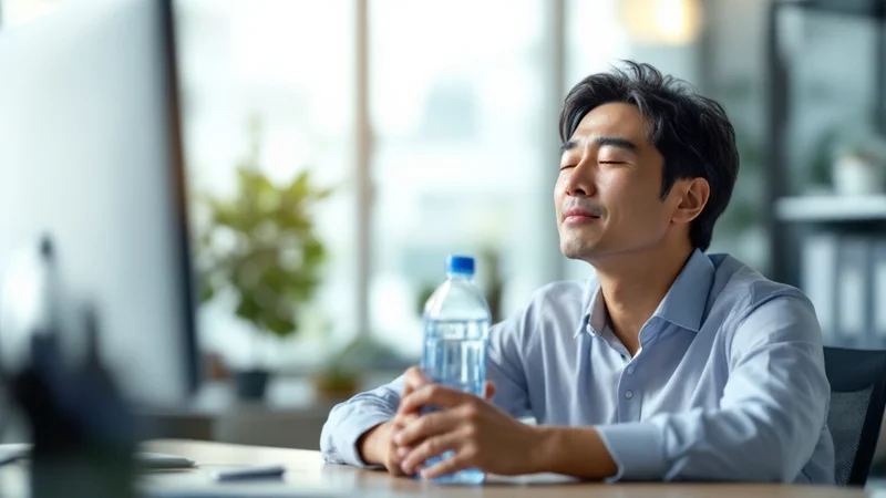 デスクで冷たいペットボトルを両手で持ちひと息つく40代の日本人男性