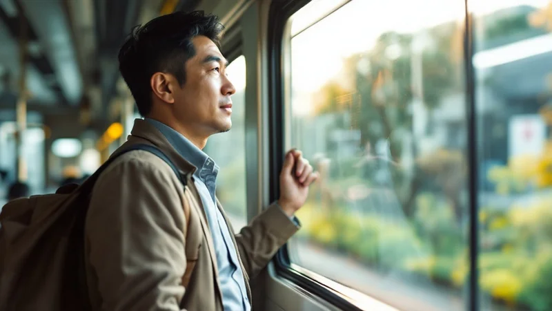 通勤電車の窓の外を眺めながら一息つく40代の日本人男性