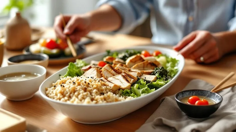 鶏むね肉のサラダと雑穀米と味噌汁が並ぶ和食の昼食と40代の日本人男性の手元