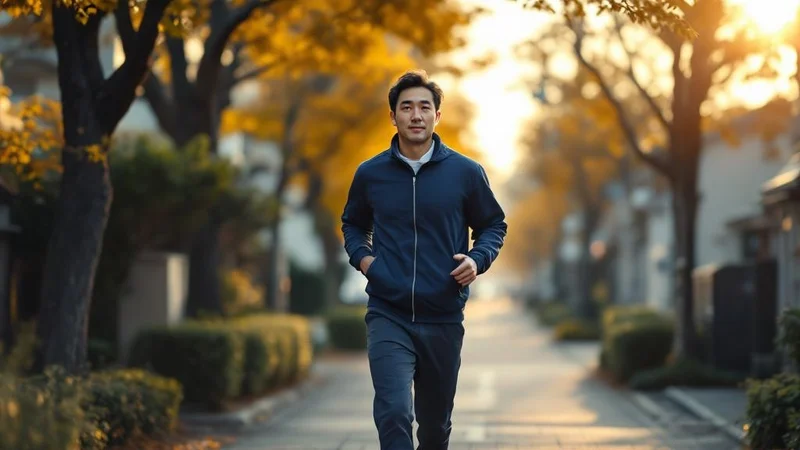 夕方の住宅街を軽い装いでウォーキングする40代の日本人男性