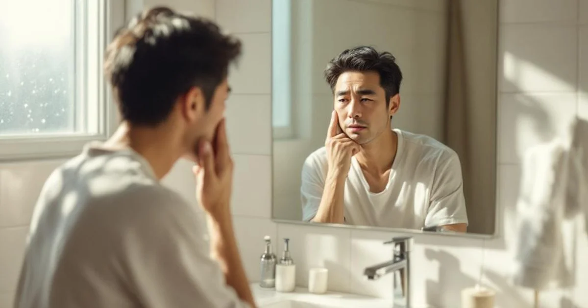 朝の自然光が差し込む洗面所で鏡に映った疲れた表情を見つめる40代後半の日本人男性