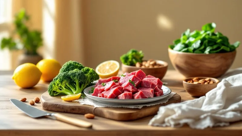 木目調のキッチンテーブルに並んだ赤身の牛肉とほうれん草・ブロッコリー・レモンが置かれた朝の自然光のシーン