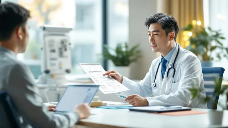 明るい診察室で40代の日本人男性医師が血液検査結果のシートを指差しながら患者に説明している優しい雰囲気の自然光のシーン