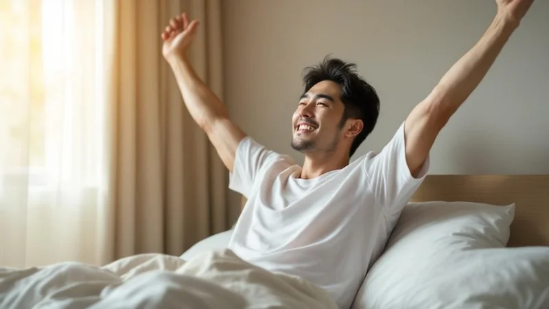 朝にベッドで起き上がり気持ちよく伸びをする40代男性。禁酒による睡眠の質改善のイメージ