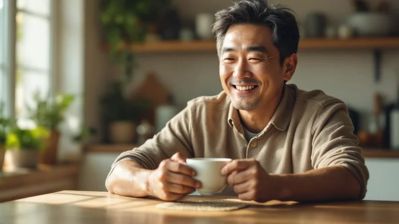 朝の台所でお茶を飲みながら穏やかに微笑む40代男性。禁酒後1ヶ月で得られる健康的な朝のイメージ