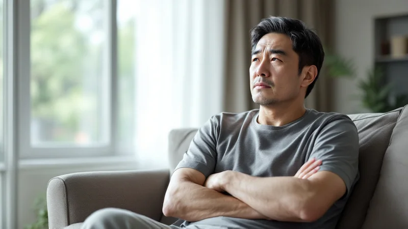 明るいリビングのソファで腕を組み、疲れた表情で窓のほうを見ている40代後半の男性
