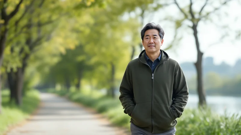 晴れた朝の川沿いの並木道を、落ち着いた表情で歩く40代後半の男性
