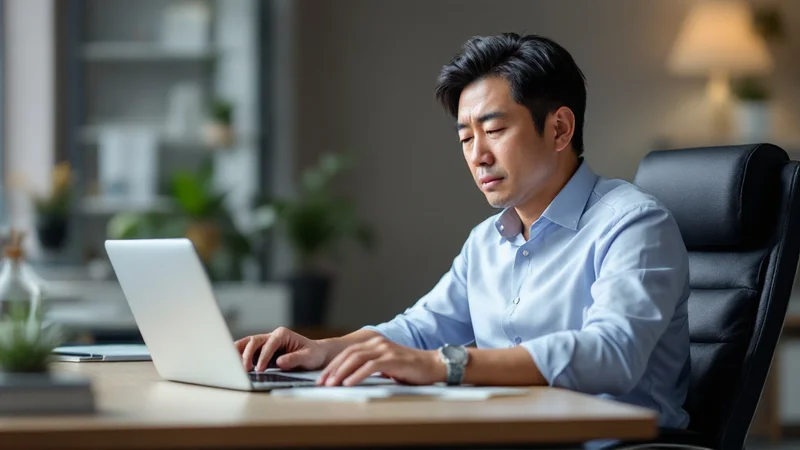 オフィスのデスクに座り、長時間パソコン作業を続ける40代後半の男性