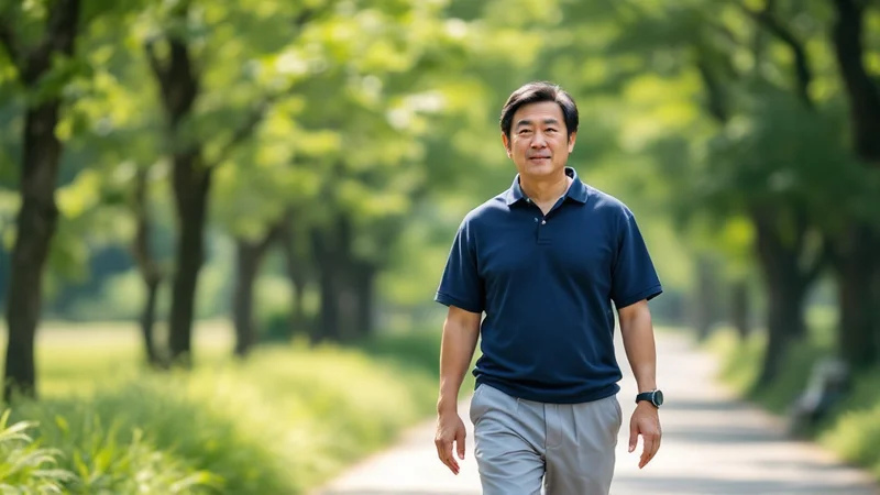木陰の続く公園の遊歩道を、無理のないペースで歩く50歳前後の男性