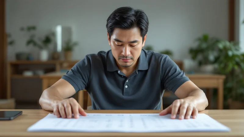 ダイニングテーブルに広げたカレンダーを見下ろし、受診の日を検討する40代後半の男性