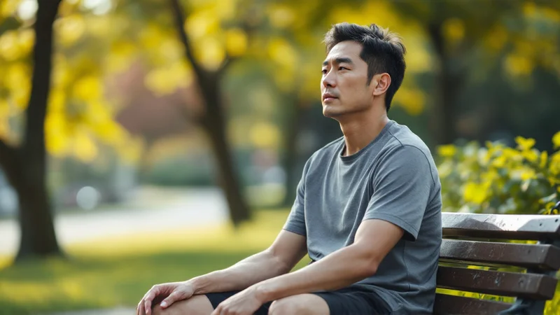 ランニング後に公園のベンチで息を整えている40代後半の日本人男性