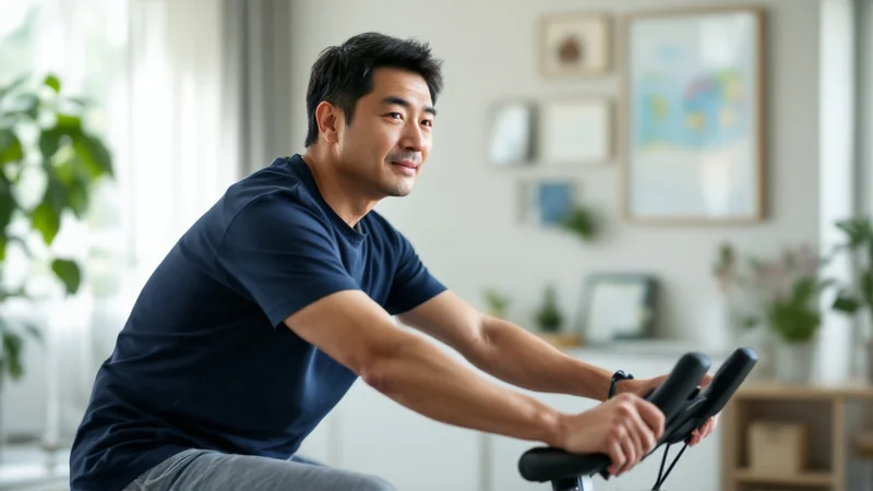 自宅でエアロバイクを漕ぎ、膝に衝撃をかけずに運動する40代後半の日本人男性