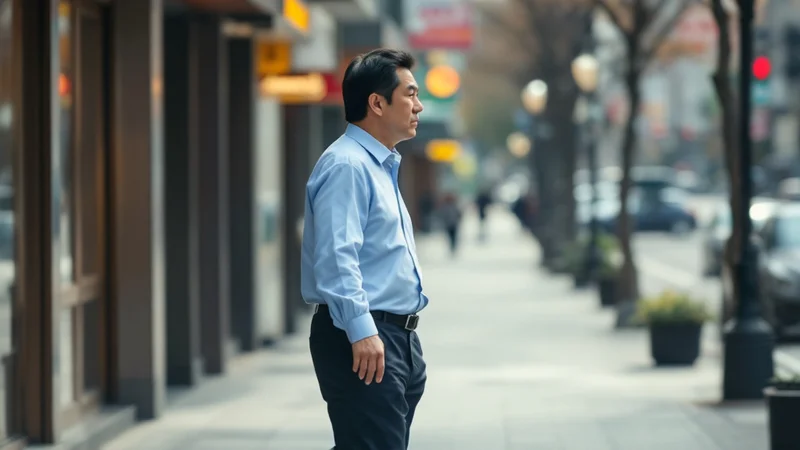 平日の朝、平らな歩道を選んで歩く40代後半の日本人男性