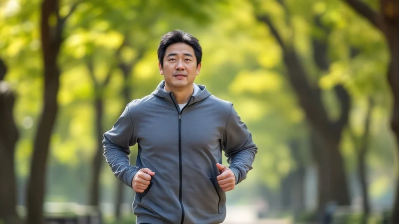 朝の公園で軽くジョギングしている健康的な40代日本人男性