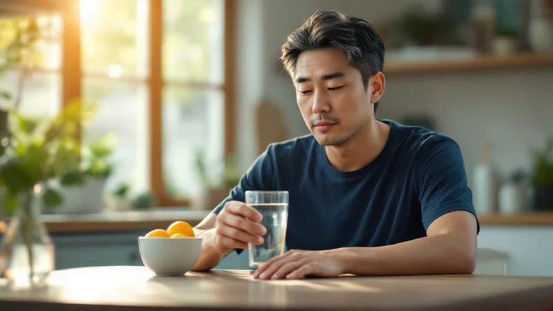 朝の明るいキッチンでテーブルに着き、水の入ったグラスを手に持っている40代の男性